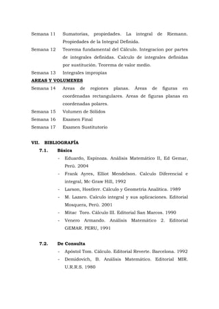 Semana 11       Sumatorias,    propiedades.    La   integral     de     Riemann.
                Propiedades de la Integral Definida.
Semana 12       Teorema fundamental del Cálculo. Integracion por partes
                de integrales definidas. Calculo de integrales definidas
                por sustitución. Teorema de valor medio.
Semana 13       Integrales impropias
AREAS Y VOLUMENES
Semana 14       Areas   de    regiones   planas.    Áreas   de        figuras   en
                coordenadas rectangulares. Areas de figuras planas en
                coordenadas polares.
Semana 15       Volumen de Sólidos
Semana 16       Examen Final
Semana 17       Examen Sustitutorio


VII.   BIBLIOGRAFÍA
   7.1.     Básica
            -   Eduardo, Espinoza. Análisis Matemático II, Ed Gemar,
                Perú. 2004
            -   Frank Ayres, Elliot Mendelson. Calculo Diferencial e
                integral, Mc Graw Hill, 1992
            -   Larson, Hostlerr. Cálculo y Geometría Analítica. 1989
            -   M. Lazaro. Calculo integral y sus aplicaciones. Editorial
                Mosquera, Perú. 2001
            -   Mitac Toro. Cálculo III. Editorial San Marcos. 1990
            -   Venero Armando. Análisis Matemático 2. Editorial
                GEMAR. PERU, 1991


   7.2.     De Consulta
            -   Apóstol Tom. Cálculo. Editorial Reverte. Barcelona. 1992
            -   Demidovich, B. Análisis Matemático. Editorial MIR.
                U.R.R.S. 1980
 