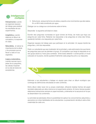 Página 12
• 	 Estructural, porque da forma a la célula y soporte a los movimientos que ella realiza.
En un 85% está constituido por agua.
Dialogar con su colega sus conclusiones sobre el tema.
Desarrollar la siguiente actividad en clase:
Escribir diez preguntas numeradas en igual número de fichas, de modo que haya una
pregunta por cada ficha. Redactar las respuestas a las preguntas en otras diez fichas,
quedando también una respuesta por cada ficha.
Organizar equipos de trabajo para que participen en la actividad. Un equipo tendrá las
preguntas, y otro las respuestas.
Pedir a un estudiante que sea moderador de la actividad, y este estimulará a los que tienen
las preguntas para que las planteen al grupo. El compañero que tenga la respuesta en el
otro grupo alzará su mano para contestar. Entre todos deberán ir construyendo un mural
colocado en la pizarra, donde quedará finalmente cada pregunta junto a su respuesta.
Estimular a sus estudiantes a trabajar en equipo para crear un álbum ecológico que
contenga las definiciones estudiadas en este contenido.
Dicho álbum debe nacer de su propia creatividad, utilizando tarjetas hechas del papel
reciclado elaborado por ellos mismos en el experimento anterior. Al mismo tiempo pueden
elaborarse ilustraciones siempre en papel reciclado y ordenarlas en la secuencia en la que
se desarrollaron los contenidos.
La actividad así planteada ofrece la posibilidad de aplicar los conocimientos adquiridos y
asociarlos con otras habilidades de los estudiantes. La presentación del álbum está a libre
creatividad de cada uno.
Interpersonal, cuando
se organizan equipos
de trabajo para analizar
los resultados de sus
experimentos.
Lingüística, cuando
elaboran el álbum de
conceptos y lo exponen
en clase.
Naturalista, al valorar la
importancia de la célula
y los procesos que se
llevan a cabo en sus
organelos.
Lógica-matemática,
cuando razonan que a
pesar de su pequeñez,
las células impactan
en la vida de todos los
ecosistemas.
Inteligencias
múltiples
 