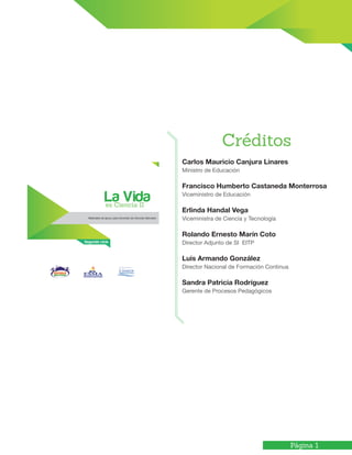 Página 1
Carlos Mauricio Canjura Linares
Ministro de Educación
Francisco Humberto Castaneda Monterrosa
Viceministro de Educación
Erlinda Handal Vega
Viceministra de Ciencia y Tecnología
Rolando Ernesto Marín Coto
Director Adjunto de SI EITP
Luis Armando González
Director Nacional de Formación Continua
Sandra Patricia Rodríguez
Gerente de Procesos Pedagógicos
Créditos
 