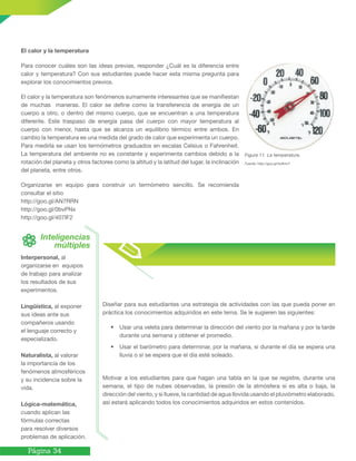 Página 34
El calor y la temperatura
Figura 11. La temperatura.
Fuente: http://goo.gl/4x8mvY
Interpersonal, al
organizarse en equipos
de trabajo para analizar
los resultados de sus
experimentos.
Lingüística, al exponer
sus ideas ante sus
compañeros usando
el lenguaje correcto y
especializado.
Naturalista, al valorar
la importancia de los
fenómenos atmosféricos
y su incidencia sobre la
vida.
Lógica-matemática,
cuando aplican las
fórmulas correctas
para resolver diversos
problemas de aplicación.
Inteligencias
múltiples
Para conocer cuáles son las ideas previas, responder ¿Cuál es la diferencia entre
calor y temperatura? Con sus estudiantes puede hacer esta misma pregunta para
explorar los conocimientos previos.
El calor y la temperatura son fenómenos sumamente interesantes que se manifiestan
de muchas maneras. El calor se define como la transferencia de energía de un
cuerpo a otro, o dentro del mismo cuerpo, que se encuentran a una temperatura
diferente. Este traspaso de energía pasa del cuerpo con mayor temperatura al
cuerpo con menor, hasta que se alcanza un equilibrio térmico entre ambos. En
cambio la temperatura es una medida del grado de calor que experimenta un cuerpo.
Para medirla se usan los termómetros graduados en escalas Celsius o Fahrenheit.
La temperatura del ambiente no es constante y experimenta cambios debido a la
rotación del planeta y otros factores como la altitud y la latitud del lugar, la inclinación
del planeta, entre otros.
Organizarse en equipo para construir un termómetro sencillo. Se recomienda
consultar el sitio
http://goo.gl/AN7RRN
http://goo.gl/0bvPNx
http://goo.gl/407IF2
Diseñar para sus estudiantes una estrategia de actividades con las que pueda poner en
práctica los conocimientos adquiridos en este tema. Se le sugieren las siguientes:
• Usar una veleta para determinar la dirección del viento por la mañana y por la tarde
durante una semana y obtener el promedio.
• Usar el barómetro para determinar, por la mañana, si durante el día se espera una
lluvia o si se espera que el día esté soleado.
Motivar a los estudiantes para que hagan una tabla en la que se registre, durante una
semana, el tipo de nubes observadas, la presión de la atmósfera si es alta o baja, la
dirección del viento, y si llueve, la cantidad de agua llovida usando el pluviómetro elaborado,
así estará aplicando todos los conocimientos adquiridos en estos contenidos.
 