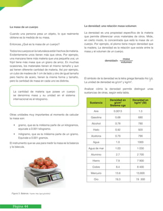 Página 44
La masa de un cuerpo
Cuando una persona pesa un objeto, lo que realmente
obtiene es la medida de su masa.
Entonces ¿Qué es la masa de un cuerpo?
Todosloscuerposenlanaturalezaestánhechosdemateria.
Evidentemente unos tienen más que otros. Por ejemplo,
una manzana tiene más materia que una pequeña uva; un
frijol tiene más masa que un grano de arroz. En muchas
ocasiones, los materiales tienen el mismo tamaño y aun
así tienen diferente cantidad de materia. Así por ejemplo,
un cubo de madera de 1 cm de lado y otro de igual tamaño
pero hecho de acero, tienen la misma forma y tamaño,
pero la cantidad de masa en cada uno es distinta.
Otras unidades muy importantes al momento de calcular
la masa son:
•	 gramo, que es la milésima parte de un kilogramos,
equivale a 0.001 kilogramo.
•	 miligramo, que es la milésima parte de un gramo.
Equivale a 0.001 gramos.
El instrumento que se usa para medir la masa es la balanza
y la báscula.
La densidad: una relación masa-volumen
La densidad es una propiedad específica de la materia
que permite diferenciar unos materiales de otros. Mide,
en cierto modo, lo concentrada que está la masa de un
cuerpo. Por ejemplo, el plomo tiene mayor densidad que
la madera. La densidad es la relación que existe entre la
masa y el volumen de un cuerpo.
El símbolo de la densidad es la letra griega llamada rho ( ).
La unidad de densidad es g/cm3
y kg/m3
.
Analizar cómo la densidad permite distinguir unas
sustancias de otras, según esta tabla.
Sustancia
Densidad en
g/cm3
Sistema cgs
Densidad en
kg/m3
(SI)
Aire 0.0013 1.3
Gasolina 0.68 680
Alcohol 0.78 780
Hielo 0.92 920
Acetona 0.79 790
Agua 1.0 1000
Agua de mar 1.03 1 030
Aluminio 2.7 2 700
Hierro 7.9 7 900
Cobre 8.4 8 400
Mercurio 13.6 13,600
Oro 19.3 19 300
La cantidad de materia que posee un cuerpo
se denomina masa y su unidad en el sistema
internacional es el kilogramo.
Figura 3. Balanza. Fuente: http://goo.gl/sXQhJi
densidad=
masa
volumen
 