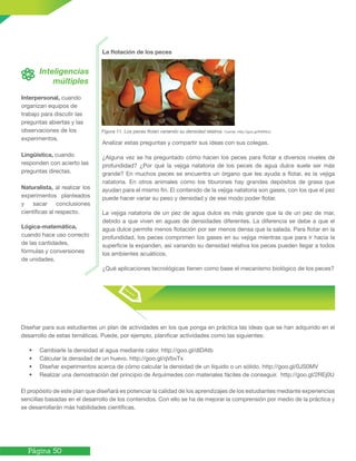 Página 50
La flotación de los peces
Analizar estas preguntas y compartir sus ideas con sus colegas.
¿Alguna vez se ha preguntado cómo hacen los peces para flotar a diversos niveles de
profundidad? ¿Por qué la vejiga natatoria de los peces de agua dulce suele ser más
grande? En muchos peces se encuentra un órgano que les ayuda a flotar, es la vejiga
natatoria. En otros animales como los tiburones hay grandes depósitos de grasa que
ayudan para el mismo fin. El contenido de la vejiga natatoria son gases, con los que el pez
puede hacer variar su peso y densidad y de ese modo poder flotar.
La vejiga natatoria de un pez de agua dulce es más grande que la de un pez de mar,
debido a que viven en aguas de densidades diferentes. La diferencia se debe a que el
agua dulce permite menos flotación por ser menos densa que la salada. Para flotar en la
profundidad, los peces comprimen los gases en su vejiga mientras que para ir hacia la
superficie la expanden, así variando su densidad relativa los peces pueden llegar a todos
los ambientes acuáticos.
¿Qué aplicaciones tecnológicas tienen como base el mecanismo biológico de los peces?
Diseñar para sus estudiantes un plan de actividades en los que ponga en práctica las ideas que se han adquirido en el
desarrollo de estas temáticas. Puede, por ejemplo, planificar actividades como las siguientes:
•	 Cambiarle la densidad al agua mediante calor. http://goo.gl/dlDAtb
•	 Cálcular la densidad de un huevo. http://goo.gl/qVbvTx
•	 Diseñar experimentos acerca de cómo calcular la densidad de un líquido o un sólido. http://goo.gl/0JS0MV
•	 Realizar una demostración del principio de Arquímedes con materiales fáciles de conseguir. http://goo.gl/2REj0U
El propósito de este plan que diseñará es potenciar la calidad de los aprendizajes de los estudiantes mediante experiencias
sencillas basadas en el desarrollo de los contenidos. Con ello se ha de mejorar la comprensión por medio de la práctica y
se desarrollarán más habilidades científicas.
Interpersonal, cuando
organizan equipos de
trabajo para discutir las
preguntas abiertas y las
observaciones de los
experimentos.
Lingüística, cuando
responden con acierto las
preguntas directas.
Naturalista, al realizar los
experimentos planteados
y sacar conclusiones
científicas al respecto.
Lógica-matemática,
cuando hace uso correcto
de las cantidades,
fórmulas y conversiones
de unidades.
Figura 11. Los peces flotan variando su densidad relativa. Fuente: http://goo.gl/KWRcIJ
 