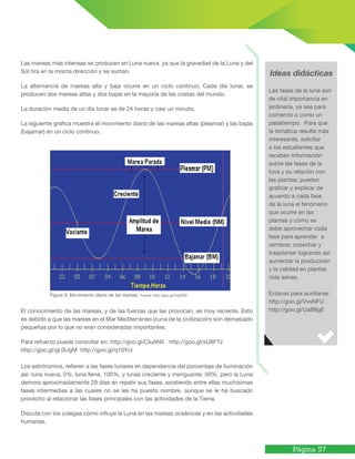 Página 57
Las mareas más intensas se producen en Luna nueva, ya que la gravedad de la Luna y del
Sol tira en la misma dirección y se suman.
La alternancia de mareas alta y baja ocurre en un ciclo continuo. Cada día lunar, se
producen dos mareas altas y dos bajas en la mayoría de las costas del mundo.
La duración media de un día lunar es de 24 horas y casi un minuto.
La siguiente gráfica muestra el movimiento diario de las mareas altas (pleamar) y las bajas
(bajamar) en un ciclo continuo.
	 Figura 9. Movimiento diario de las mareas. Fuente: http://goo.gl/XAJF0G
El conocimiento de las mareas, y de las fuerzas que las provocan, es muy reciente. Esto
es debido a que las mareas en el Mar Mediterráneo (cuna de la civilización) son demasiado
pequeñas por lo que no eran consideradas importantes.
Para refuerzo puede consultar en: http://goo.gl/CIuAN5 http://goo.gl/xU8FTz
http://goo.gl/gL0UgM http://goo.gl/q10Ycl
Los astrónomos, refieren a las fases lunares en dependencia del porcentaje de iluminación
así: luna nueva, 0%, luna llena, 100%, y lunas creciente y menguante: 50%, pero la Luna
demora aproximadamente 29 días en repetir sus fases, existiendo entre ellas muchísimas
fases intermedias a las cuales no se les ha puesto nombre, aunque se le ha buscado
provecho al relacionar las fases principales con las actividades de la Tierra.
Discuta con los colegas cómo influye la Luna en las mareas oceánicas y en las actividades
humanas.
Ideas didácticas
Las fases de la luna son
de vital importancia en
jardinería, ya sea para
comercio o como un
pasatiempo. Para que
la temática resulte más
interesante, solicitar
a los estudiantes que
recaben información
sobre las fases de la
luna y su relación con
las plantas; pueden
graficar y explicar de
acuerdo a cada fase
de la luna el fenómeno
que ocurre en las
plantas y cómo se
debe aprovechar cada
fase para aprender a
sembrar, cosechar y
trasplantar logrando así
aumentar la producción
y la calidad en plantas
más sanas.
Enlaces para auxiliarse:
http://goo.gl/VvsNFU
http://goo.gl/UaB8gE
 