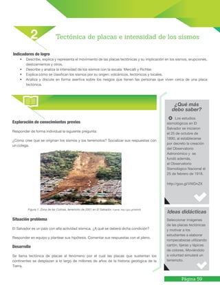 Página 59
¿Qué más
debo saber?
Ideas didácticas
Los estudios
sismológicos en El
Salvador se iniciaron
el 25 de octubre de
1890, al establecerse
por decreto la creación
del Observatorio
Astronómico y se
fundó además,
el Observatorio
Sismológico Nacional el
25 de febrero de 1918.
http://goo.gl/VWDnZX
Seleccionar imágenes
de las placas tectónicas
y motivar a los
estudiantes a elaborar
rompecabezas utilizando
cartón, tijeras y lápices
de colores. Moviéndolo
a voluntad simulará un
terremoto.
Indicadores de logro
• Describe, explica y representa el movimiento de las placas tectónicas y su implicación en los sismos, erupciones,
deslizamientos y otros.
• Describe y analiza la intensidad de los sismos con la escala: Mercalli y Richter.
• Explica cómo se clasifican los sismos por su origen: volcánicos, tectónicos y locales.
• Analiza y discute en forma asertiva sobre los riesgos que tienen las personas que viven cerca de una placa
tectónica.
Tectónica de placas e intensidad de los sismos2
Exploración de conocimientos previos
Responder de forma individual la siguiente pregunta:
¿Cómo cree que se originan los sismos y los terremotos? Socializar sus respuestas con
un colega.
Figura 1. Zona de las Colinas, terremoto de 2001 en El Salvador. Fuente: http://goo.gl/0K6VlS
Situación problema
El Salvador es un país con alta actividad sísmica. ¿A qué se deberá dicha condición?
Responder en equipo y plantear sus hipótesis. Comentar sus respuestas con el pleno.
Desarrollo
Se llama tectónica de placas al fenómeno por el cual las placas que sustentan los
continentes se desplazan a lo largo de millones de años de la historia geológica de la
Tierra.
 