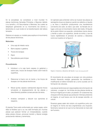 Página 60
En la actualidad, se consideran a nivel mundial 15
placas tectónicas llamadas Primarias o Mayores debido
a su tamaño y 43 Secundarias o Menores; las cuales se
desplazan generando en su movimiento los sismos y
terremotos lo cual incide en la transformación del relieve
terrestre.
Elaborar en equipo un modelo para explicar el movimiento
de las placas tectónicas.
Materiales
• Una caja de helado vacía
• Barro espeso o gelatina
• Trozos de durapax
• Agua
• Sacudidores para limpiar
Procedimiento
• Introducir a la caja barro espeso (o gelatina) y
sobre este, trozos de durapax hasta cubrir toda la
superficie.
• Relacionar el barro con el manto y los trozos de
durapax con las placas tectónicas.
• Mover (juntar, separar, sobreponer) algunos trozos
simulando el desplazamiento de las placas y
describiendo posibles consecuencias de estos.
• Analizar, comparar y discutir sus opiniones al
respecto.
El planeta Tierra está conformado por varias capas, entre
ellas la litósfera que a su vez está formada por muchas
piezas que parecen formar un rompecabezas, cuando
estas piezas chocan, provocan tensión y liberan energía
produciendo relieves y terremotos.
Un ejemplo para entender cómo se mueven las placas es
semejante al que se observa cuando se calienta un líquido
y se lleva a ebullición produciendo una transferencia
convectiva de calor, es decir, que este es llevado de un
lugar a otro por el movimiento mismo del medio. El líquido
de la parte inferior se expande, volviéndose menos denso
y tiende a subir a la superficie, donde se enfría y cae de
nuevo repitiéndose el proceso de acenso y descenso
como se muestra en la figura 2.
Figura 2. Ascenso y descenso del líquido. Fuente: http://goo.gl/zUxARP
El movimiento de una placa al encajar con otra produce
tensión liberando energía, generando los temblores y
modificando el relieve terrestre tal y como sucede con la
formación de volcanes.
Las placas tectónicas son responsables de la formación de
volcanes y surgen en los límites de dos placas donde se
forma el magma por el calor y la presión. En ocasiones hay
choques entre las placas que producen intensas presiones
al magma, el cual busca una vía de escape sencilla: un
volcán.
Diversos gases salen del volcán a la superficie junto con
el magma en forma de lava originándose una erupción;
fenómeno natural en el cual no ha intervenido la mano del
ser humano.
 