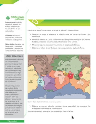 Página 64
Interpersonal, cuando
organizan equipos de
trabajo para discutir
los resultados de sus
actividades.
Lingüística, cuando
exponen sus puntos de
vista a los participantes.
Naturalista, al analizar los
fenómenos y desastres
planteados y escribir sus
conclusiones al respecto.
Inteligencias
múltiples
Los estudiantes basados
en conocimientos
previos, dibujan, pintan
y rotulan en un mapa
del mundo, las placas
tectónicas de Nazca y
Sudamericana. Luego
marcan los epicentros
de los terremotos más
importantes ocurridos
en El Salvador.
Puede enriquecer el
aprendizaje de los
estudiantes pidiéndoles
que observen el
mapa y debatan la
relación entre las
placas y la ocurrencia
de terremotos en el
planeta. Así mismo, que
se planteen estrategias
para evitar un desastre
ante la ocurrencia de
un terremoto en la
comunidad.
Ideas didácticas
Planificar en equipo una actividad en la que se permita a los estudiantes:
• Observar un mapa y establecer la relación entre las placas tectónicas y los
terremotos.
• Identificar la Placa de Cocos y determinar a cuáles países afecta y de qué manera.
Puede auxiliarse del esquema propuesto o buscar otras fuentes.
• Mencionar algunas causas del movimiento de las placas tectónicas.
• Elaborar un listado de las 15 placas mayores que afectan al planeta Tierra.
Figura 9. Mapa de placas tectónicas. Fuente: http://goo.gl/f0EKwn
• Elaborar un resumen sobre las medidas a tomar para reducir los riesgos de las
erupciones volcánicas y de los terremotos.
Sitio de internet para enriquecer sus saberes http://goo.gl/NZn04
 