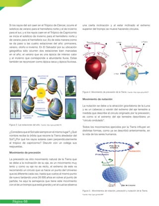 Página 68
Si los rayos del sol caen en el Trópico de Cáncer, ocurre el
solsticio de verano para el hemisferio norte y el de invierno
para el sur, y si los rayos caen en el Trópico de Capricornio
se inicia el solsticio de invierno para el hemisferio norte y
de verano para el hemisferio sur. Es de esta manera como
se da paso a las cuatro estaciones del año: primavera,
verano, otoño e invierno. En El Salvador por su ubicación
geográfica sólo ocurren dos estaciones bien marcadas
en el año; el verano que es una época de intenso calor
y el invierno que corresponde a abundante lluvia. Estas
también se reconocen como época seca y época lluviosa.
Figura 3. Las estaciones del año. Fuente: http://goo.gl/28kkTN
¿Considera que el Sol sale siempre en el mismo lugar? ¿Qué
nombre recibe la órbita que recorre la Tierra alrededor del
Sol?¿Por qué los rayos solares caen perpendicularmente
al trópico de capricornio? Discutir con un colega sus
respuestas.
Movimiento de precesión
La precesión es otro movimiento natural de la Tierra que
se debe a la inclinación de su eje, es un movimiento muy
lento y como su eje no es recto, el extremo de este va
recorriendo un círculo que va hacia un punto del Universo
que es diferente cada vez, hasta que vuelve al mismo punto
de nuevo tardando unos 26 000 años en volver al punto de
partida; he aquí la semejanza que tiene este movimiento
con el de un trompo que está girando y en el cual se observa
una cierta inclinación y al estar inclinado el extremo
superior del trompo se mueve haciendo círculos.
Figura 4. Movimiento de precesión de la Tierra. Fuente: http://goo.gl/uyXWZT
Movimiento de nutación
La nutación se debe a la atracción gravitatoria de la Luna
y es un cabeceo o vaivén del extremo del eje terrestre a
medida que describe el círculo originado por la precesión;
es como si el extremo del eje terrestre describiera un
“círculo ondulado”.
Todos los movimientos ejercidos por la Tierra influyen en
distintas formas, como ya se describió anteriormente, en
la vida de los seres humanos.
Figura 5. Movimientos de rotación, precesión y nutación de la Tierra.
Fuente: http://goo.gl/AdctMP
RAYOS
SOLARES
EQUINOCCIO
DE PRIMAVERA
OTOÑO
EQUINOCCIO
DE OTOÑO
SOLSTICIO DE
VERANO
VERANO
OTOÑO
OTOÑO
INVIERNO
SOLSTICIO DE
INVIERNO PRIMAVERA
SOL
Precesión del eje
Rotación Rotación
a Vega a Polaris
Precesión del eje
Rotación Rotación
a Vega
 