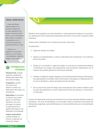 Página 74
Planificar cómo preparar con otros docentes un mapa general de riesgos en la escuela o
con docentes de otras instituciones educativas del entorno con las que comparta ciertas
amenazas.
Puede utilizar materiales como cartulina, plumones, entre otros.
Procedimiento
•	 Organizar equipos de trabajo.
•	 Asignar a los participantes un sector o área dentro de la institución o en el entorno
de la comunidad.
•	 Dibujar en una cartulina o papel de trabajo, la zona que le corresponde observar
e identifiquen los riesgos más significativos que encuentren relacionando con el
impacto que pueden generar los fenómenos naturales.
•	 Preparar un Mapa de riesgos integrado con los dibujos preliminares de cada equipo,
los organizadores consolidan toda la información y se prepara un Mapa general, en
el cual se identifican y ubican las observaciones de todos.
•	 Dar a conocer las zonas de riesgo y las zonas seguras a las cuales se deben acudir
en caso de presentarse un evento determinado como por ejemplo, un terremoto o
un derrumbe.
Cuando se implementen este tipo de acciones en los centros escolares deberán realizarse
simulacros, con el fin de sensibilizar a la comunidad sobre la importancia de atender las
indicaciones sugeridas y para familiarizarse con los procedimientos que se han planteado
para tal fin.
- Cada estudiante
deberá elaborar un
mapa de riesgos de
su casa siguiendo los
pasos necesarios para
tal fin, con la orientación
del maestro o maestra
y presentarlo en un
cartel para exponerlo
posteriormente en clase.
- Elaborar un
glosario con términos
básicos, como riesgo,
vulnerabilidad, desastre,
peligro, entre otros.
Interpersonal, cuando
organizan equipos de
trabajo para determinar
las zonas de riesgo.
Lingüística, cuando
comunican sus
ideas en cuanto a la
elaboración del mapa y su
importancia.
Naturalista, al comentar
el impacto que puede
ejercer un fenómeno
natural en una zona
de riesgo y al valorar
la importancia de la
gestión del riesgo en las
diferentes comunidades.
Lógica-matemática,
cuando analizan su
entorno y elaboran los
mapas de riesgos.
Ideas didácticas
 