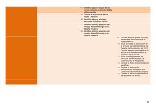 14. Identifica algunos rasgos de los
reinos cristianos en la edad Madia
y Reconquista
15. Conoce la importancia de los
Reyes Católicos.
16. Identifica algunos artistas y
escritores de la Edad de Oro.
17. Identifica distintos aspectos del
reinado de los Hasburgo en la
España moderna.
18. Identifica distintos aspectos del
reinado de los Borbones en la
España moderna.
9. Conoce algunas gestas, fechas y
personajes de la Guerra de la
Independencia.
10. Sitúa en Cádiz la elaboración de
la primera Constitución liberal de
España, la Constitución de 1812.
11. Conoce algunos personajes de la
época de la Restauración en lo
político y en lo cultural.
12. Sitúa cronológicamente los
períodos de la República, la
Guerra Civil y el franquismo.
13. Conoce la fecha de la constitución
española.
14. Conoce la fecha de la
incorporación de España a la
Comunidad Económica Europea.
15. Conoce la fecha de la sustitución
de la peseta por el euro.
22
 