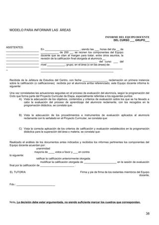 MODELO PARA INFORMAR LAS ÁREAS
INFORME DEL EQUIPO DOCENTE
DEL CURSO ___ GRUPO___
Recibida de la Jefatura de Estudios del Centro, con fecha _________________ reclamación en primera instancia
sobre la calificación (o calificaciones) recibida por el alumno/a arriba referenciado, este Equipo docente informa lo
siguiente:
Una vez constatadas las actuaciones seguidas en el proceso de evaluación del alumno/a, según la programación del
Ciclo que forma parte del Proyecto Curricular de Etapa, especialmente referidas a los siguientes puntos:
A) Vista la adecuación de los objetivos, contenidos y criterios de evaluación sobre los que se ha llevado a
cabo la evaluación del proceso de aprendizaje del alumno/a reclamante, con los recogidos en la
programación didáctica, se constata que:
B) Vista la adecuación de los procedimientos e instrumentos de evaluación aplicados al alumno/a
reclamante con lo señalado en el Proyecto Curricular, se constata que:
C) Vista la correcta aplicación de los criterios de calificación y evaluación establecidos en la programación
didáctica para la superación del área o materia, se constata que:
Realizado el análisis de los documentos antes indicados y recibidos los informes pertinentes los componentes del
Equipo docente acuerdan por:
unanimidad
mayoría de ____ votos a favor y ___ en contra
lo siguiente:
ratificar la calificación anteriormente otorgada.
modificar la calificación otorgada de ______________________ en la sesión de evaluación
final por la calificación de _______________________ .
EL TUTOR/A Firma y pie de firma de los restantes miembros del Equipo
docente,
Fdo.: __________________________
Nota. La decisión debe estar argumentada, no siendo suficiente marcar los cuadros que correspondan.
ASISTENTES:
______________________
______________________
______________________
______________________
______________________
______________________
_
En _______________________ , siendo las ___ horas del día __ de
____________ de 200 __, se reúnen los componentes del Equipo
docente que se citan al margen para tratar, entre otros asuntos, la
revisión de la calificación final otorgada al alumno/a __
______________________________________ del curso ___ del
nivel ____________, grupo, en el área (o en las áreas) de:
_______________________________________________________
_________________________________________________
38
 