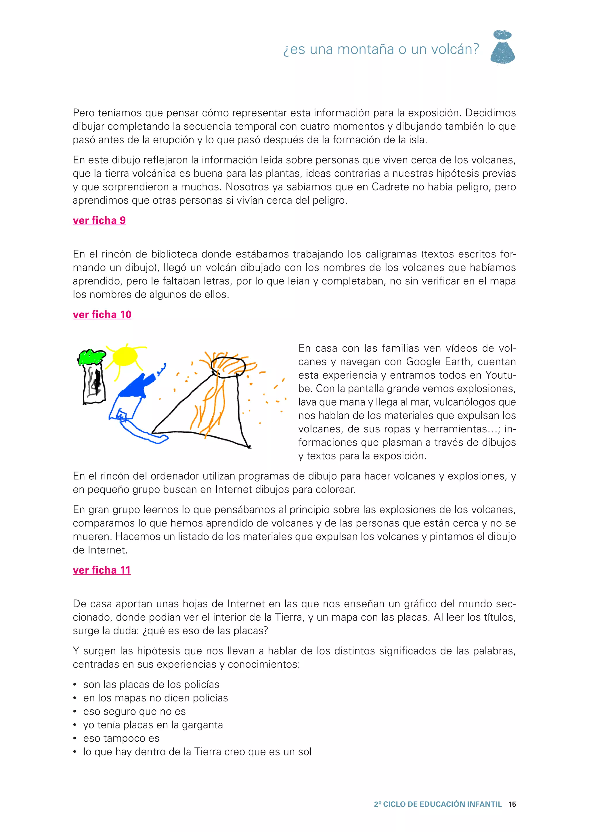 ¿es una montaña o un volcán?



Pero teníamos que pensar cómo representar esta información para la exposición. Decidimos
dibujar completando la secuencia temporal con cuatro momentos y dibujando también lo que
pasó antes de la erupción y lo que pasó después de la formación de la isla.
En este dibujo reflejaron la información leída sobre personas que viven cerca de los volcanes,
que la tierra volcánica es buena para las plantas, ideas contrarias a nuestras hipótesis previas
y que sorprendieron a muchos. Nosotros ya sabíamos que en Cadrete no había peligro, pero
aprendimos que otras personas si vivían cerca del peligro.
ver ficha 9


En el rincón de biblioteca donde estábamos trabajando los caligramas (textos escritos for-
mando un dibujo), llegó un volcán dibujado con los nombres de los volcanes que habíamos
aprendido, pero le faltaban letras, por lo que leían y completaban, no sin verificar en el mapa
los nombres de algunos de ellos.
ver ficha 10


                                                   En casa con las familias ven vídeos de vol-
                                                   canes y navegan con Google Earth, cuentan
                                                   esta experiencia y entramos todos en Youtu-
                                                   be. Con la pantalla grande vemos explosiones,
                                                   lava que mana y llega al mar, vulcanólogos que
                                                   nos hablan de los materiales que expulsan los
                                                   volcanes, de sus ropas y herramientas…; in-
                                                   formaciones que plasman a través de dibujos
                                                   y textos para la exposición.
En el rincón del ordenador utilizan programas de dibujo para hacer volcanes y explosiones, y
en pequeño grupo buscan en Internet dibujos para colorear.
En gran grupo leemos lo que pensábamos al principio sobre las explosiones de los volcanes,
comparamos lo que hemos aprendido de volcanes y de las personas que están cerca y no se
mueren. Hacemos un listado de los materiales que expulsan los volcanes y pintamos el dibujo
de Internet.
ver ficha 11


De casa aportan unas hojas de Internet en las que nos enseñan un gráfico del mundo sec-
cionado, donde podían ver el interior de la Tierra, y un mapa con las placas. Al leer los títulos,
surge la duda: ¿qué es eso de las placas?
Y surgen las hipótesis que nos llevan a hablar de los distintos significados de las palabras,
centradas en sus experiencias y conocimientos:
•	   son las placas de los policías
•	   en los mapas no dicen policías
•	   eso seguro que no es
•	   yo tenía placas en la garganta
•	   eso tampoco es
•	   lo que hay dentro de la Tierra creo que es un sol



                                                                   2º CICLO de EDUCACIÓN INFANTIL 15
 