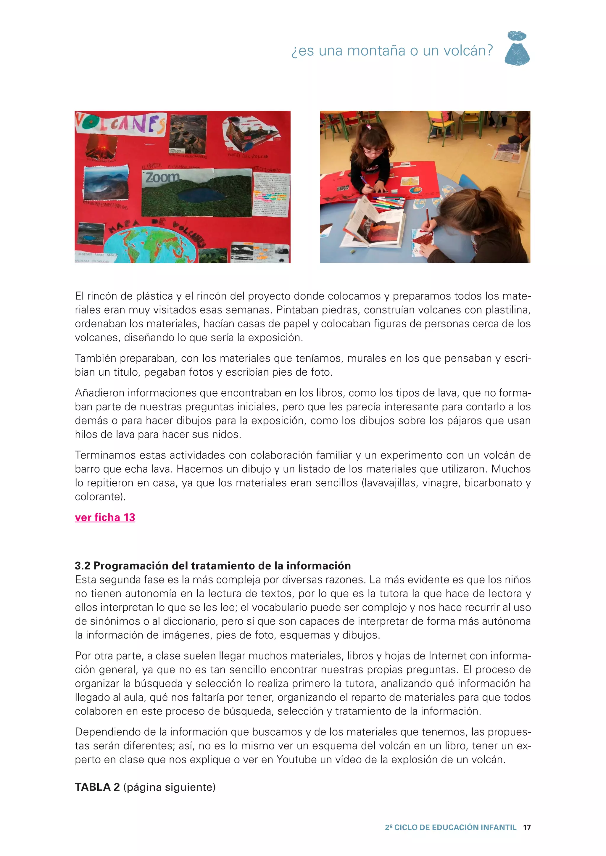 ¿es una montaña o un volcán?




El rincón de plástica y el rincón del proyecto donde colocamos y preparamos todos los mate-
riales eran muy visitados esas semanas. Pintaban piedras, construían volcanes con plastilina,
ordenaban los materiales, hacían casas de papel y colocaban figuras de personas cerca de los
volcanes, diseñando lo que sería la exposición.
También preparaban, con los materiales que teníamos, murales en los que pensaban y escri-
bían un título, pegaban fotos y escribían pies de foto.
Añadieron informaciones que encontraban en los libros, como los tipos de lava, que no forma-
ban parte de nuestras preguntas iniciales, pero que les parecía interesante para contarlo a los
demás o para hacer dibujos para la exposición, como los dibujos sobre los pájaros que usan
hilos de lava para hacer sus nidos.
Terminamos estas actividades con colaboración familiar y un experimento con un volcán de
barro que echa lava. Hacemos un dibujo y un listado de los materiales que utilizaron. Muchos
lo repitieron en casa, ya que los materiales eran sencillos (lavavajillas, vinagre, bicarbonato y
colorante).
ver ficha 13



3.2 Programación del tratamiento de la información
Esta segunda fase es la más compleja por diversas razones. La más evidente es que los niños
no tienen autonomía en la lectura de textos, por lo que es la tutora la que hace de lectora y
ellos interpretan lo que se les lee; el vocabulario puede ser complejo y nos hace recurrir al uso
de sinónimos o al diccionario, pero sí que son capaces de interpretar de forma más autónoma
la información de imágenes, pies de foto, esquemas y dibujos.
Por otra parte, a clase suelen llegar muchos materiales, libros y hojas de Internet con informa-
ción general, ya que no es tan sencillo encontrar nuestras propias preguntas. El proceso de
organizar la búsqueda y selección lo realiza primero la tutora, analizando qué información ha
llegado al aula, qué nos faltaría por tener, organizando el reparto de materiales para que todos
colaboren en este proceso de búsqueda, selección y tratamiento de la información.
Dependiendo de la información que buscamos y de los materiales que tenemos, las propues-
tas serán diferentes; así, no es lo mismo ver un esquema del volcán en un libro, tener un ex-
perto en clase que nos explique o ver en Youtube un vídeo de la explosión de un volcán.

TABLA 2 (página siguiente)


                                                                 2º CICLO de EDUCACIÓN INFANTIL 17
 