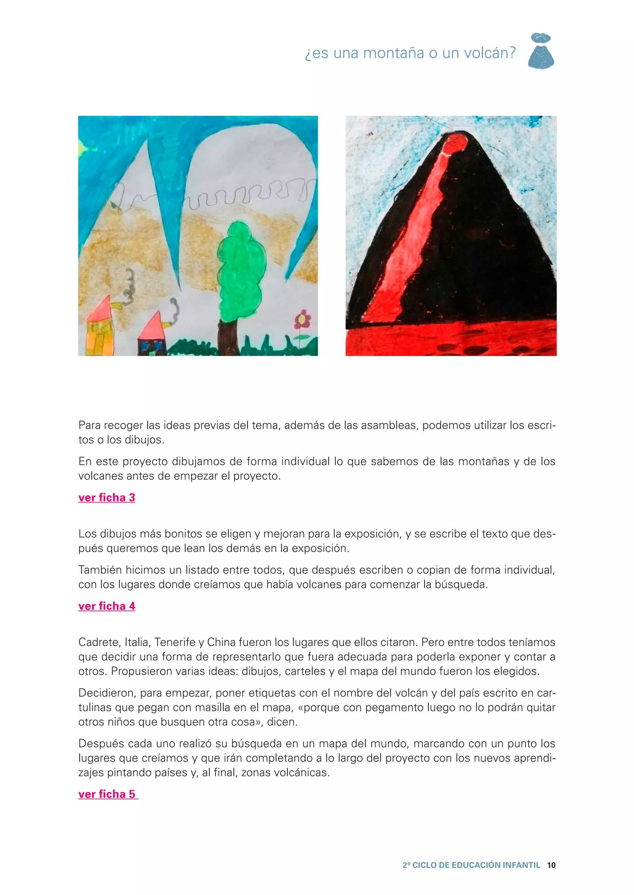 ¿es una montaña o un volcán?




Para recoger las ideas previas del tema, además de las asambleas, podemos utilizar los escri-
tos o los dibujos.
En este proyecto dibujamos de forma individual lo que sabemos de las montañas y de los
volcanes antes de empezar el proyecto.
ver ficha 3


Los dibujos más bonitos se eligen y mejoran para la exposición, y se escribe el texto que des-
pués queremos que lean los demás en la exposición.
También hicimos un listado entre todos, que después escriben o copian de forma individual,
con los lugares donde creíamos que había volcanes para comenzar la búsqueda.
ver ficha 4


Cadrete, Italia, Tenerife y China fueron los lugares que ellos citaron. Pero entre todos teníamos
que decidir una forma de representarlo que fuera adecuada para poderla exponer y contar a
otros. Propusieron varias ideas: dibujos, carteles y el mapa del mundo fueron los elegidos.
Decidieron, para empezar, poner etiquetas con el nombre del volcán y del país escrito en car-
tulinas que pegan con masilla en el mapa, «porque con pegamento luego no lo podrán quitar
otros niños que busquen otra cosa», dicen.
Después cada uno realizó su búsqueda en un mapa del mundo, marcando con un punto los
lugares que creíamos y que irán completando a lo largo del proyecto con los nuevos aprendi-
zajes pintando países y, al final, zonas volcánicas.
ver ficha 5




                                                                 2º CICLO de EDUCACIÓN INFANTIL 10
 