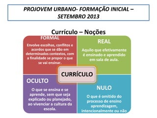 PROJOVEM URBANO- FORMAÇÃO INICIAL –
SETEMBRO 2013
Currículo – Noções
FORMAL
Envolve escolhas, conflitos e
acordos que se dão em
determinados contextos, com
a finalidade se propor o que
se vai ensinar.
REAL
Aquilo que efetivamente
é ensinado e aprendido
em sala de aula.
OCULTO
O que se ensina e se
aprende, sem que seja
explicado ou planejado,
ao vivenciar a cultura da
escola.
NULO
O que é omitido do
processo de ensino
aprendizagem,
intencionalmente ou não
CURRÍCULO
 