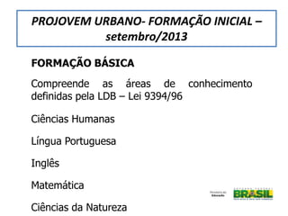 FORMAÇÃO BÁSICA
Compreende as áreas de conhecimento
definidas pela LDB – Lei 9394/96
Ciências Humanas
Língua Portuguesa
Inglês
Matemática
Ciências da Natureza
PROJOVEM URBANO- FORMAÇÃO INICIAL –
setembro/2013
 