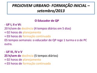 O EDUCADOR DE QP
O Educador de QP
- UF I, II e VI:
20 h/sem de docência (4 tempos diários em 5 dias)
+ 02 horas de planejamento
+ 03 horas de formação continuada
05 tempos semanais: o educador de QP rege 1 turma e o de PC
outra.
- UF III, IV e V
25 h/sem de docência (5 tempos diários)
+ 02 horas de planejamento
+ 03 horas de formação continuada
PROJOVEM URBANO- FORMAÇÃO INICIAL –
setembro/2013
 