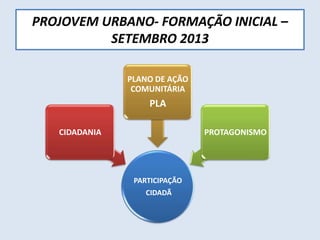 PROJOVEM URBANO- FORMAÇÃO INICIAL –
SETEMBRO 2013
PARTICIPAÇÃO
CIDADÃ
CIDADANIA
PLANO DE AÇÃO
COMUNITÁRIA
PLA
PROTAGONISMO
 