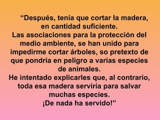 “ Después, tenía que cortar la madera, en cantidad suficiente. Las asociaciones para la protección del medio ambiente, se han unido para impedirme cortar árboles, so pretexto de que pondría en peligro a varias especies de animales. He intentado explicarles que, al contrario, toda esa madera serviría para salvar muchas especies. ¡De nada ha servido!” 