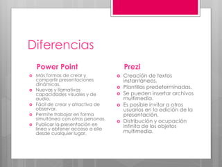 Diferencias
Power Point
 Más formas de crear y
compartir presentaciones
dinámicas.
 Nuevas y llamativas
capacidades visuales y de
audio.
 Fácil de crear y atractiva de
observar.
 Permite trabajar en forma
simultánea con otras personas.
 Publicar la presentación en
línea y obtener acceso a ella
desde cualquier lugar.
Prezi
 Creación de textos
instantáneos.
 Plantillas predeterminadas.
 Se pueden insertar archivos
multimedia.
 Es posible invitar a otros
usuarios en la edición de la
presentación.
 Distribución y ocupación
infinita de los objetos
multimedia.
 