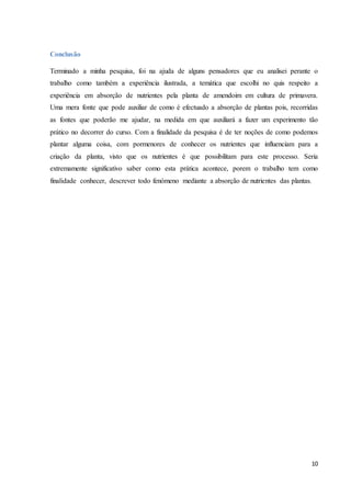 10
Conclusão
Terminado a minha pesquisa, foi na ajuda de alguns pensadores que eu analisei perante o
trabalho como também a experiência ilustrada, a temática que escolhi no quis respeito a
experiência em absorção de nutrientes pela planta de amendoim em cultura de primavera.
Uma mera fonte que pode auxiliar de como é efectuado a absorção de plantas pois, recorridas
as fontes que poderão me ajudar, na medida em que auxiliará a fazer um experimento tão
prático no decorrer do curso. Com a finalidade da pesquisa é de ter noções de como podemos
plantar alguma coisa, com pormenores de conhecer os nutrientes que influenciam para a
criação da planta, visto que os nutrientes é que possibilitam para este processo. Seria
extremamente significativo saber como esta prática acontece, porem o trabalho tem como
finalidade conhecer, descrever todo fenómeno mediante a absorção de nutrientes das plantas.
 