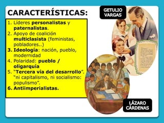 CARACTERÍSTICAS:
1. Líderes personalistas y
paternalistas.
2. Apoyo de coalición
multiclasista (feministas,
pobladores..)
3. Ideología: nación, pueblo,
modernidad
4. Polaridad: pueblo /
oligarquía
5. “Tercera vía del desarrollo”.
“ni capitalismo, ni socialismo:
populismo”.
6. Antiimperialistas.
