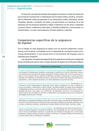 24 
Programas de estudio 2011 / Guía para el Maestro 
Primaria / Segundo grado 
En resumen, las prácticas sociales del lenguaje son pautas o modos de interacción 
que enmarcan la producción e interpretación de los textos orales y escritos. Compren­den 
los diferentes modos de participar en los intercambios orales y analizarlos, de leer, 
interpretar, estudiar y compartir los textos y de aproximarse a su escritura. Es en las 
prácticas que los individuos aprenden a hablar e interactuar con los otros; a interpretar 
y producir textos; a reflexionar sobre ellos; a identificar problemas y solucionarlos, y a 
transformarlos, y a crear nuevos géneros, formatos gráficos y soportes. 
Competencias específicas de la asignatura 
de Español 
Con el trabajo en esta asignatura se espera que los alumnos desarrollen compe­tencias 
comunicativas, concebidas como la capacidad de una persona para comu­nicarse 
eficientemente, lo que incluye tanto el conocimiento del lenguaje como la 
habilidad para emplearlo. 
Las siguientes competencias específicas de la asignatura contribuyen al desarrollo 
de las competencias para la vida y al logro del perfil de egreso de la Educación Básica: 
Competencias comunicativas 
Emplear el lenguaje para comunicarse y como instrumento para aprender. Se busca que los alum­nos 
empleen el lenguaje para interpretar, comprender y transformar el mundo, obteniendo nuevos 
conocimientos que les permitirán seguir aprendiendo durante toda la vida. Así como para que lo­gren 
una comunicación eficaz y afectiva en diferentes contextos y situaciones, lo que les permitirá 
expresar con claridad sus sentimientos, ideas y opiniones de manera informada y apoyándose en 
argumentos, y sean capaces de discutir con otros respetando sus puntos de vista. 
Identificar las propiedades del lenguaje en diversas situaciones comunicativas. Comprende el co­nocimiento 
de las características y significado de los textos, atendiendo a su tipo, contexto en 
el que se emplean y destinatario al que se dirigen. Se refiere también al empleo de las diferentes 
modalidades de lectura, en función del propósito del texto, las características del mismo y particu­laridades 
del lector, para lograr una construcción de significado, así como a la producción de 
textos escritos que consideren el contexto, el destinatario y los propósitos que busca, empleando 
estrategias de producción diversas. 
Analizar la información y emplear el lenguaje para la toma de decisiones. Se busca que los alumnos 
desarrollen su capacidad de análisis y juicio crítico de la información, proveniente de diferentes fuen­tes, 
para tomar decisiones de manera informada, razonada y referida a los intereses colectivos y las 
normas, en distintos contextos, sustentada en diversas fuentes de información, escritas y orales. 
Valorar la diversidad lingüística y cultural de México. Se pretende que los alumnos reconozcan y 
valoren la riqueza lingüística e intercultural de México y sus variedades, así como de otras lenguas, 
como formas de identidad. Asimismo, se pretende que empleen el lenguaje oral y escrito para 
interpretar y explicar diversos procesos sociales, económicos, culturales y políticos como parte de 
la cultura democrática y del ejercicio ciudadano. 
 