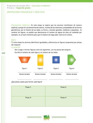 320 
Programas de estudio 2011 / Guía para el Maestro 
Primaria / Segundo grado 
Orientaciones didácticas. En esta etapa se espera que los alumnos manifiesten de manera 
explícita, aunque sin una denominación teórica, muchas de las relaciones y propiedades de las formas 
geométricas: por el número de sus lados, su forma, y tamaño (grandes, medianas o pequeñas). Al 
nombrar las figuras, es posible que desconozcan el nombre de alguna de ellas (el romboide por 
ejemplo), es un buen momento para que el maestro les haga saber cómo se le conoce. 
FASE 2 
En esta etapa los alumnos identifican igualdades y diferencias en figuras compuestas por piezas 
del tangram. 
La situación 
Van a jugar a formar figuras como las siguientes, con las piezas del tangram. 
Escribe el nombre de cada figura y el número de sus lados. 
Figura 1 
Número de lados 
Figura 2 
Número de lados 
¿Qué piezas usaste para formar cada figura? 
Figura 3 
Número de lados 
Figura 1 Figura 2 
Figura 3 Figura 4 
Figura 4 
Número de lados 
ORIENTACIONES PEDAGÓGICAS Y DIDÁCTICAS 
 
