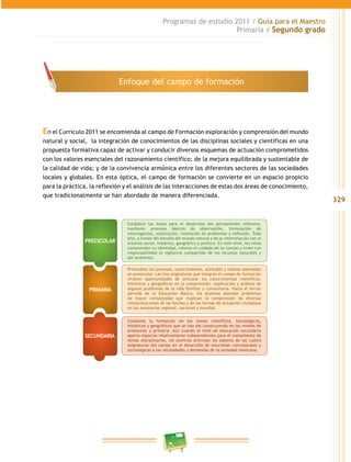 329 
Programas de estudio 2011 / Guía para el Maestro 
Primaria / Segundo grado 
Enfoque del campo de formación 
En el Currículo 2011 se encomienda al campo de Formación exploración y comprensión del mundo 
natural y social, la integración de conocimientos de las disciplinas sociales y científicas en una 
propuesta formativa capaz de activar y conducir diversos esquemas de actuación comprometidos 
con los valores esenciales del razonamiento científico; de la mejora equilibrada y sustentable de 
la calidad de vida; y de la convivencia armónica entre los diferentes sectores de las sociedades 
locales y globales. En esta óptica, el campo de formación se convierte en un espacio propicio 
para la práctica, la reflexión y el análisis de las interacciones de estas dos áreas de conocimiento, 
que tradicionalmente se han abordado de manera diferenciada. 
Establece las bases para el desarrollo del pensamiento reflexivo, 
mediante procesos básicos de observación, formulación de 
interrogantes, explicación, resolución de problemas y reflexión. Todo 
ello, a través del estudio del mundo natural y de su interrelación con el 
entorno social, histórico, geográfico y político. En este nivel, los niños 
comprenden su identidad, valoran el cuidado de su cuerpo y viven con 
responsabilidad la vigilancia compartida de los recursos naturales y 
del ambiente. 
Profundiza los procesos, conocimientos, actitudes y valores asentados 
en preescolar. Las tres asignaturas que integran el campo de formación 
ofrecen oportunidades de articular los conocimientos científicos, 
históricos y geográficos en la comprensión, explicación y análisis de 
algunos problemas de la vida familiar y comunitaria. Hacia el tercer 
periodo de la Educación Básica, los alumnos abordan problemas 
de mayor complejidad que implican la comprensión de diversas 
interpretaciones de los hechos y de las formas de actuación ciudadana 
en los escenarios regional, nacional y mundial. 
Consolida la formación en los temas científicos, tecnológicos, 
históricos y geográficos que se han ido construyendo en los niveles de 
preescolar y primaria. Aún cuando el nivel de educación secundaria 
aporta espacios relativamente independientes para el tratamiento de 
temas disciplinarios, los alumnos articulan los saberes de las cuatro 
asignaturas del campo en el desarrollo de soluciones conceptuales y 
tecnológicas a las necesidades y demandas de la sociedad mexicana. 
PREESCOLAR 
PRIMARIA 
SECUNDARIA 
 