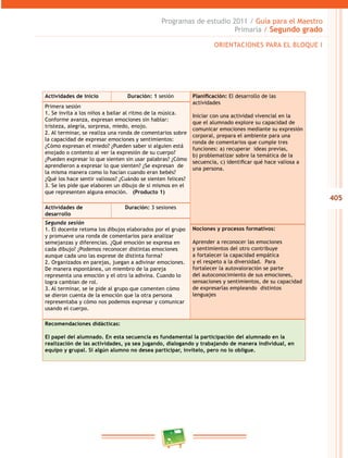 405 
Programas de estudio 2011 / Guía para el Maestro 
Primaria / Segundo grado 
ORIENTACIONES PARA EL BLOQUE I 
Actividades de inicio Duración: 1 sesión Planificación: El desarrollo de las 
actividades 
Iniciar con una actividad vivencial en la 
que el alumnado explore su capacidad de 
comunicar emociones mediante su expresión 
corporal, prepara el ambiente para una 
ronda de comentarios que cumple tres 
funciones: a) recuperar ideas previas, 
b) problematizar sobre la temática de la 
secuencia, c) identificar qué hace valiosa a 
una persona. 
Primera sesión 
1. Se invita a los niños a bailar al ritmo de la música. 
Conforme avanza, expresan emociones sin hablar: 
tristeza, alegría, sorpresa, miedo, enojo. 
2. Al terminar, se realiza una ronda de comentarios sobre 
la capacidad de expresar emociones y sentimientos: 
¿Cómo expresan el miedo? ¿Pueden saber si alguien está 
enojado o contento al ver la expresión de su cuerpo? 
¿Pueden expresar lo que sienten sin usar palabras? ¿Cómo 
aprendieron a expresar lo que sienten? ¿Se expresan de 
la misma manera como lo hacían cuando eran bebés? 
¿Qué los hace sentir valiosos? ¿Cuándo se sienten felices? 
3. Se les pide que elaboren un dibujo de sí mismos en el 
que representen alguna emoción. (Producto 1) 
Actividades de 
desarrollo 
Duración: 3 sesiones 
Segunda sesión 
1. El docente retoma los dibujos elaborados por el grupo 
y promueve una ronda de comentarios para analizar 
semejanzas y diferencias. ¿Qué emoción se expresa en 
cada dibujo? ¿Podemos reconocer distintas emociones 
aunque cada uno las exprese de distinta forma? 
2. Organizados en parejas, juegan a adivinar emociones. 
De manera espontánea, un miembro de la pareja 
representa una emoción y el otro la adivina. Cuando lo 
logra cambian de rol. 
3. Al terminar, se le pide al grupo que comenten cómo 
se dieron cuenta de la emoción que la otra persona 
representaba y cómo nos podemos expresar y comunicar 
usando el cuerpo. 
Nociones y procesos formativos: 
Aprender a reconocer las emociones 
y sentimientos del otro contribuye 
a fortalecer la capacidad empática 
y el respeto a la diversidad. Para 
fortalecer la autovaloración se parte 
del autoconocimiento de sus emociones, 
sensaciones y sentimientos, de su capacidad 
de expresarlas empleando distintos 
lenguajes 
Recomendaciones didácticas: 
El papel del alumnado. En esta secuencia es fundamental la participación del alumnado en la 
realización de las actividades, ya sea jugando, dialogando y trabajando de manera individual, en 
equipo y grupal. Si algún alumno no desea participar, invítelo, pero no lo obligue. 
 