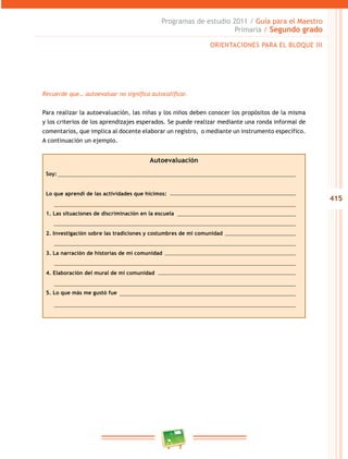 415 
Programas de estudio 2011 / Guía para el Maestro 
Primaria / Segundo grado 
Recuerde que… autoevaluar no significa autocalificar. 
Para realizar la autoevaluación, las niñas y los niños deben conocer los propósitos de la misma 
y los criterios de los aprendizajes esperados. Se puede realizar mediante una ronda informal de 
comentarios, que implica al docente elaborar un registro, o mediante un instrumento específico. 
A continuación un ejemplo. 
Autoevaluación 
Soy: 
Lo que aprendí de las actividades que hicimos: 
1. Las situaciones de discriminación en la escuela 
2. Investigación sobre las tradiciones y costumbres de mi comunidad 
3. La narración de historias de mi comunidad 
4. Elaboración del mural de mi comunidad 
5. Lo que más me gustó fue 
ORIENTACIONES PARA EL BLOQUE II 
 