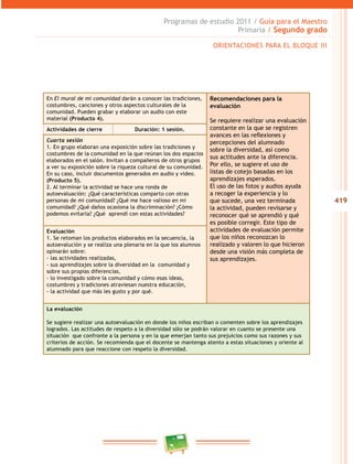 419 
Programas de estudio 2011 / Guía para el Maestro 
Primaria / Segundo grado 
En El mural de mi comunidad darán a conocer las tradiciones, 
costumbres, canciones y otros aspectos culturales de la 
comunidad. Pueden grabar y elaborar un audio con este 
material (Producto 4). 
ORIENTACIONES PARA EL BLOQUE II 
Recomendaciones para la 
evaluación 
Se requiere realizar una evaluación 
constante en la que se registren 
avances en las reflexiones y 
percepciones del alumnado 
sobre la diversidad, así como 
sus actitudes ante la diferencia. 
Por ello, se sugiere el uso de 
listas de cotejo basadas en los 
aprendizajes esperados. 
El uso de las fotos y audios ayuda 
a recoger la experiencia y lo 
que sucede, una vez terminada 
la actividad, pueden revisarse y 
reconocer qué se aprendió y qué 
es posible corregir. Este tipo de 
actividades de evaluación permite 
que los niños reconozcan lo 
realizado y valoren lo que hicieron 
desde una visión más completa de 
sus aprendizajes. 
Actividades de cierre Duración: 1 sesión. 
Cuarta sesión 
1. En grupo elaboran una exposición sobre las tradiciones y 
costumbres de la comunidad en la que reúnan los dos espacios 
elaborados en el salón. Invitan a compañeros de otros grupos 
a ver su exposición sobre la riqueza cultural de su comunidad. 
En su caso, incluir documentos generados en audio y video. 
(Producto 5). 
2. Al terminar la actividad se hace una ronda de 
autoevaluación: ¿Qué características comparto con otras 
personas de mi comunidad? ¿Qué me hace valioso en mi 
comunidad? ¿Qué daños ocasiona la discriminación? ¿Cómo 
podemos evitarla? ¿Qué aprendí con estas actividades? 
Evaluación 
1. Se retoman los productos elaborados en la secuencia, la 
autoevalución y se realiza una plenaria en la que los alumnos 
opinarán sobre: 
- las actividades realizadas, 
- sus aprendizajes sobre la diversidad en la comunidad y 
sobre sus propias diferencias, 
- lo investigado sobre la comunidad y cómo esas ideas, 
costumbres y tradiciones atraviesan nuestra educación, 
- la actividad que más les gusto y por qué. 
La evaluación 
Se sugiere realizar una autoevaluación en donde los niños escriban o comenten sobre los aprendizajes 
logrados. Las actitudes de respeto a la diversidad sólo se podrán valorar en cuanto se presente una 
situación que confronte a la persona y en la que emerjan tanto sus prejuicios como sus razones y sus 
criterios de acción. Se recomienda que el docente se mantenga atento a estas situaciones y oriente al 
alumnado para que reaccione con respeto la diversidad. 
 