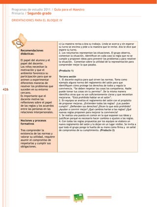426 
Programas de estudio 2011 / Guía para el Maestro 
Primaria / Segundo grado 
ORIENTACIONES PARA EL BLOQUE IV 
Recomendaciones 
didácticas: 
El papel del alumno y el 
papel del docente. 
Los niños necesitan la 
motivación y que el 
ambiente favorezca su 
participación para que se 
animen a experimentar 
diferentes maneras de 
resolver los problemas que 
suceden en su entorno 
cercano. 
Es importante que el 
docente motive las 
reflexiones sobre el papel 
de las reglas y los acuerdos 
entre las personas en las 
relaciones interpersonales. 
c) La maestra revisa a Ana su trabajo. Linda se acerca y sin esperar 
su turno se encima y pide a la maestra que le revise. Ana le dice que 
espere su turno. 
2. Los voluntarios representan las situaciones. El grupo observa, 
comentan la situación, identifican en cada caso la regla que no se 
cumple y proponen ideas para prevenir los problemas y para resolver 
la situación. Comentan sobre la utilidad de la representación para 
comprender mejor lo que pasaba. 
(Producto 1) 
Tercera sesión 
1. El docente explica para qué sirven las normas. Toma como 
ejemplo alguna norma del reglamento del salón para que 
identifiquen cómo protege los derechos de todos y regula la 
convivencia. “Se deben respetar las cosas los compañeros. Nadie 
puede tomar tus cosas sin tu permiso”. De la misma manera 
identifica otras que no son suficientemente claras y que necesitan 
mejorarse. “Está prohibido hablar en el salón”. 
2. En equipos se analiza el reglamento del salón con el propósito 
de proponer mejoras. ¿Entienden todas las reglas? ¿Las pueden 
cumplir? ¿Defienden sus derechos? ¿Dicen lo que está prohibido? 
¿Ayudan a convivir mejor? ¿Qué cambios harían a las reglas? ¿Qué 
nuevas reglas proponen para mejorar la convivencia? 
3. Se realiza una puesta en común en la que exponen sus ideas y 
justifican porqué es necesario hacer cambios o ajustes a las reg las. 
4. Con todas las reglas propuestas por los equipos se elabora un 
nuevo reglamento del salón y lo dejan en un lugar visible. Se invita a 
que todo el grupo ponga la huella de su mano como firma y en se ñal 
de compromiso de su cumplimiento. (Producto 2) 
Nociones y procesos 
formativos 
Tras comprender la 
existencia de las normas y 
valorar su utilidad, requiere 
asumir el compromiso de 
respetarlas y cumplir sus 
obligaciones. 
 