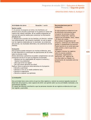 435 
Programas de estudio 2011 / Guía para el Maestro 
Primaria / Segundo grado 
ORIENTACIONES PARA EL BLOQUE V 
Actividades de cierre Duración: 1 sesión Recomendaciones para la 
evaluación. 
En este proyecto se observa el uso 
de diferentes instrumentos para 
recuperar los procesos vividos 
durante el desarrollo: rúbricas, 
registro de actividades, fotos, videos 
y el diario de campo. 
Para realizar el seguimiento del 
proyecto, construya una rúbrica que 
podrán ir completando los alumnos. 
Puede hacerla en un cartel para que 
todos anoten y vean lo que otros 
registraron. 
Se sugiere retomar los registros 
sobre el proceso (análisis, 
propuestas, organización y 
aplicación), los registros de 
los niños sobre su trabajo y la 
presentación de resultados ante las 
familias. 
Quinta sesión 
1. Al concluir el proyecto se invita a los familiares y al 
directivo de la escuela a participar en la puesta en común del 
reporte del trabajo realizado, de ser posible empleando los 
recursos del aula de medios para comunicar la información. 
(Producto 4) 
2. Después de la reunión con las familias y el director, realizan 
una autoevaluación del proyecto realizado, la cual se apoya 
con los registros elaborados por el alumnado, las evidencias 
del proceso, los resultados obtenidos y los comentarios de las 
familias. 
Evaluación 
Este proyecto puede evaluarse con muchas evidencias, pero 
lo más importante lo constituyen las aportaciones de los niños 
sobre el proceso vivido. 
Dichos elementos cualitativos se pueden complementar con una 
evaluación escrita en la que se pregunte al alumnado: 
- ¿Quiénes son los responsables de mejorar el entorno y 
resolver los problemas? 
- ¿Para qué sirven las reglas? 
- ¿Por qué tienen derechos los niños? 
Explicar cómo se aplicaron estos derechos en el proyecto: 
• Derecho a participar 
• Derecho a vivir en un medio ambiente sano. 
• Derecho a organizarse 
• Derecho a exponer sus opiniones 
La evaluación 
Esta actividad tiene como centro el que los niños registren y valoren los avances logrados durante el 
desarrollo del proyecto y sean capaces de emitir una opinión sobre sus las actividades realizadas y los 
aprendizajes logrados. 
El trabajo del docente contribuirá a que las personas rescaten de sus registros evidencias de lo que 
han logrado y aprendido. 
 