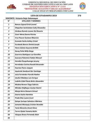 GERENCIA REGIONAL DE EDUCACIÓN
UNIDAD DE GESTIÓN EDUCATIVA LOCAL CHICLAYO
INSTITUCIÓN EDUCATIVA N° 11151
“MONSEÑOR AUGUSTO VARGAS ALZAMORA”
CALLE SINAÍ S/N MIRAFLORES-CHICLAYO
LISTA DE ESTUDIANTES 2019 2°D
DOCENTE: Victoria Dejo Sotomayor
N° APELLIDOS Y NOMBRES
1 Bances Cajusol Erick Leonel
2 Chapoñan Santisteban Zully Alexandra
3 Córdova Román Leonor Del Rosario
4 Coser Mena Danna Pierina
5 Cruz Paucar Gustavo Mauricio
6 Escarate Facho Ashley Cristel
7 Escobedo Bances Deivid Joseph
8 Flores Gómez Azucena Brillith
9 Garay Peña Willy Diego
10 Guerrero Rodríguez Luz Estrellita
11 Guevara Palomino Fabián Manuel
12 Heredia Chuquihuanga Jarumy
13 Hernández Cotrina Ronald Alexander
14 Huertas Flores Joaquín
15 Izquierdo Sandoval Iker Santiago
16 Julca Fernández Fiorella Nadine
17 Lloclla Villalobos Luis Enrique
18 Ludeña Vidal Flavia Belén Alexandra
19 Medina Remon Tiago Fabricio
20 Méndez Chafloque Joselyn Noemí
21 Monja Neira Damaris Grissel
22 Osorio Fachin Nemhías
23 Prada Díaz Luana Lisset
24 Quispe Suclupe Salvatore Mariano
25 Samamé Manayay Cristian Ronaldo
26 Tocto Morocho Jhoset Steve
27 Torres Ojeda Yomaira Belén
28 Vásquez Bravo Fernando Alain
29
 