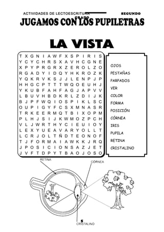ACTIVIDADES DE LECTOESCRITURA SEGUNDO
GRADO
5
OJOS
PESTAÑAS
PARPADOS
VER
COLOR
FORMA
POSICIÓN
CÓRNEA
IRIS
PUPILA
RETINA
CRISTALINO
T X G N I A W F X S P I R I S
Y C Y C H R S X A V H C G N E
X P Y P R G R X Z E R O L Z O
R G A D Y I D Q Y H K R O Z K
Y Q K R V K S J J L E N P J P
H H G C P T T T W Q O E U H J
Y K U B F A H F A G J A P V V
L B U V H B D K R L Z D I J K
B J P F W Q I O S P I K L S C
O U P I G Y F C S X M N A S R
T R K E E R M Q T B I X O P M
P L H J S I J K W M O Z P C H
V L J W R T H Y C I E U I O Y
L E X Y U E A V A R Y O L L T
L C R J O L T Ñ D T E O N O F
T J F O R M A I A W K K J R Q
J P O S I C I O N S A Z J E T
J V F T D P Y T B A O J O S O
 