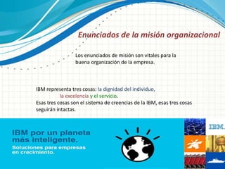 Enunciados de la misión organizacional
Los enunciados de misión son vitales para la
buena organización de la empresa.
IBM representa tres cosas: la dignidad del individuo,
la excelencia y el servicio.
Esas tres cosas son el sistema de creencias de la IBM, esas tres cosas
seguirán intactas.
 