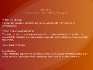 VENAS
VENAS DEL ROMBENCEFALO
VENAS DEL BULBO:
Forma en la superficie del bulbo una red que vierte en la red venosa de la
protuberancia.
VENAS DE LA PROTUBERANCIA
Terminan en una red venosa protuberancial : el contenido de esta red va a la vena
comunicante posterior, a las venas cerebelosas, a los senos petrosos y el seno occipital
transverso.
VENAS DEL CEREBRO
Se distinguen:
Venas anteriores-superiores e inferiores y venas laterales, que van generalmente a los
senos petrosos superiores: venas posteriores tributarias de los senos laterales .
 