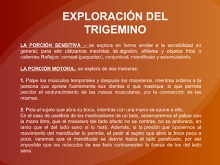 EXPLORACIÓN DEL
TRIGEMINO
LA PORCIÓN SENSITIVA .- se explora en forma similar a la sensibilidad en
general; para ello utilizamos mechitas de algodón, alfileres y objetos fríos o
calientes Reflejos: corneal (parpadeo), conjuntival, mandibular y estornutatorio.
LA PORCIÓN MOTORA.- se explora de dos maneras:
1. Palpe los músculos temporales y después los maseteros, mientras ordena a la
persona que apriete fuertemente sus dientes o que mastique, lo que permite
percibir el endurecimiento de las masas musculares, por la contracción de las
mismas.
2. Pida al sujeto que abra su boca, mientras con una mano se opone a ello.
En el caso de parálisis de los masticadores de un lado, observaremos al palpar con
la mano libre, que el masetero del lado afecto no se contrae, no se endurece, en
tanto que el del lado sano sí lo hará. Además, si la presión que oponemos al
movimiento del mandibular lo permite, al pedir al sujeto que abra la boca poco a
poco, veremos que el mandibular se desvía hacia el lado paralizado, por ser
imposible que los músculos de ese lado contrarresten la fuerza de los del lado
sano.
 