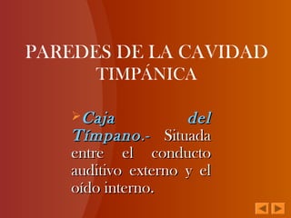 PAREDES DE LA CAVIDAD
TIMPÁNICA
Caja delCaja del
TímpanoTímpano.-.- SituadaSituada
entre el conductoentre el conducto
auditivo externo y elauditivo externo y el
oído interno.oído interno.
 