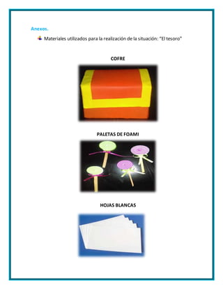 Anexos.
Materiales utilizados para la realización de la situación: “El tesoro”
COFRE
PALETAS DE FOAMI
HOJAS BLANCAS
 