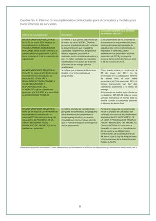 9 
Cuadro No. 4: Informe de incumplimientos contractuales para el contratista y medidas para hacer efectivas las sanciones. 
Informe de Incumplimiento Descripción Conclusión por parte de la Dirección de Inversión Vial (DIV) Ref.MOP-VMOP-DIOP-024/2014 de fecha 10 de enero 2014.Informe de incumplimiento a la Cláusula VIGÉSIMA PRIMERA CONDICIONES ESPECIALES, literal b) del contrato a lo establecido en el apartado RESUELVE literal b) numeral 1) de la resolución de adjudicación Se refiere a que, previo a la emisión de la orden de inicio, SERDELCO debió presentar al administrador del contrato la documentación que respalde la capacidad y experiencia del personal técnico asignado, pues no fue evaluado por la comisión evaluadora, y por no haber cumplido los requisitos establecidos en las bases de licitación. (Constancias de trabajo y títulos académicos). El incumplimiento de no presentar la documentación requerida en el plazo, tanto en la resolución razonada de adjudicación, como en el contrato, es imputable al contratista, dicha información fue presentada el 28 de noviembre de 2013 y se requería previo a dar la orden de inicio, es decir el 28 de octubre de 2013. Ref.MOP-VMOP-DIOP-249/2014 de fecha 27 de mayo de 2014,Informe de incumplimiento contractual a las clausulas CG-15 MULTAS Y PENALIDADES CONTRACTUALES Y CG-24 OBLIGACIONES Y RESPONSABILIDADES DEL CONTRATISTA de las condiciones generales y IV.3 PLAZO a la parte III de las CONDICIONES TECNICAS Se refiere que el diseño de la obra no finalizó en la fecha contractual programada. Como puede notarse, el constructor, al 27 de mayo del 2014 no ha presentado en su totalidad el informe de diseño final, el cual debió presentarse el 25 de enero del 2014, el tiempo transcurrido son 122 días calendario posteriores a la fecha de entrega. Al momento de realizar este informe se contabilizan $29,049.08 dólares, como sanción económica, el monto total se tendrá cuando el contratista presente el informe de diseño final. Ref.MOP-VMOP-DIOP-225/2014 de fecha 28 de mayo de 2014 Informe de incumplimiento contractual a la cláusula OCTAVA del contrato y a la cláusula CG-36 PROGRESO DE LA OBRA Y PROGRAMA FISICO FINANCIERO DEL PROYECTO, de las condiciones generales Se refiere a la falta de cumplimiento, por parte del contratista, del programa físico-financiero (incumplimiento a tiempos programados), por causas imputables al mismo, incluye además que el Plan de trabajo de contingencia no fue presentado. Por lo antes expuesto se recomienda iniciar el proceso de caducidad del contrato, por causa de incumplimiento a las cláusulas CG-36 PROGRESO DE LA OBRA Y PROGRAMA DE TRABAJO FISICO Y FINANCIERO DEL PROYECTO, Cláusula OCTAVA: El contratista a incurrido en mora en el cumplimiento de los plazos y sus obligaciones contractuales, de acuerdo al Artículo 94, literal b) de la Ley de Adquisiciones y Contrataciones de la Administración Pública (LACAP). 
Elaboración propia del Observatorio. Fuente: Memorandos que se remitieron a la Unidad de Adquisiciones y Contrataciones Institucional (UACI). 
 