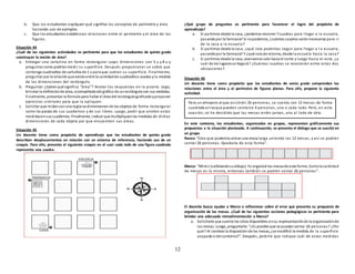 12
b. Que los estudiantes expliquen qué significa los conceptos de perímetro y área
haciendo uso de ejemplos.
c. Que los estudiantes establezcan relaciones entre el perímetro y el área de las
figuras.
Situación 44
¿Cuál de las siguientes actividades es pertinente para que los estudiantes de quinto grado
construyan la noción de área?
a. Entregar una cartulina en forma rectangular cuyas dimensiones son 5 u y 8 u y
preguntar como podríanmedir su superficie. Después proporcionar un sobre que
contenga cuadradtos de cartulina de 1 u para que cubran su superficie. Finalmente,
preguntar por la relaciónque existe entre la cantidadde cuadraditos usados yla medida
de las dimensiones del rectángulo.
b. Preguntar:¿Sabenqué significa “área”? Anotar las respuestas en la pizarra. Lego,
brindar la definiciónde área, acompañada del gráfico de unrectángulocon sus medidas.
Finalmente, presentar la fórmula para hallar el área del rectángulograficadoyproponer
ejercicios similares para que la apliquen.
c. Solicitar que midanconuna reglalasdimensiones de los objetos de forma rectangular
como las pastas de sus cuadernos y de sus libros. Luego, pedir que anoten estas
medidasensus cuadernos. Finalmente, indicar que multipliquenlas medidas de dichas
dimensiones de cada objeto par que encuentren sus áreas.
Situación 45
Un docente tiene como propósito de aprendizaje que los estudiantes de quinto grado
describan desplazamientos en relación con un sistema de referencia, haciendo uso de un
croquis. Para ello, presenta el siguiente croquis en el cual cada lado de una figura cuadrada
representa una cuadra.
¿Qué grupo de preguntas es pertinente para favorecer el logro del propósito de
aprendizaje?
a. Si partimos desde la casa, ¿podemos recorrer 7 cuadras para llegar a la escuela,
pasandopor la farmacia? Si nopodemos, ¿cuántas cuadras seránnecesarias para ir
de la casa a la escuela?
b. Si partimos desde la casa, ¿qué ruta podemos seguir para llegar a l a escuela,
pasandopor la farmacia? Y ¿qué ruta de retorno, desde la escuela hacia la casa?
c. Si partimos desde la casa, avanzamos solo hacia el norte y luego hacia el este, ¿a
cuál de los lugaresse llegará? ¿Cuántas cuadras se recorrerán entre estas dos
ubicaciones?
Situación 46
Un docente tiene como propósito que los estudiantes de sexto grado comprendan las
relaciones entre el área y el perímetro de figuras planas. Para ello, propone la siguiente
actividad.
En este contexto, los estudiantes, organizados en grupos, representan gráficamente sus
propuestas a la situación planteada. A continuación, se presenta el diálogo que se suscitó en
un grupo.
Renzo: “Creo que podemos armar una mesa larga uniendo las 12 mesas, y así se podrán
sentar 26 personas. Quedaría de esta forma”.
Marco: “Miren (señalandosudibujo). Yo organicé las mesasde esta forma. Comola cantidad
de mesas es la misma, entonces también se podrán sentar 26 personas”.
El docente busca ayudar a Marco a reflexionar sobre el error que presenta su propuesta de
organización de las mesas. ¿Cuál de las siguientes acciones pedagógicas es pertinente para
brindar una adecuada retroalimentación a Marco?
a. Solicitarle que cuente los sitios disponibles ensu representaciónde la organizaciónde
las mesas. Luego, preguntarle: “¿Es posible que se puedansentar 26 personas? ¿Por
qué? Al cambiar la disposiciónde las mesas, ¿se modificó la medida de la superficie
ocupada o del contorno?”. Después, pedirle que indique cuál de estas medidas
Para un almuerzo al que asistirán 26 personas, se cuenta con 12 mesas de forma
cuadrada enlasque pueden sentarse 4 personas, una a cada lado. Pero, en esta
ocasión, se ha decidido que las mesas estén juntas, una al lado de otra.
 