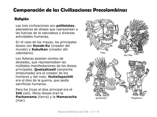Comparación de las Civilizaciones Precolombinas
Religión
 Las tres civilizaciones son politeístas,
 adoradores de dioses que representan a
 las fuerzas de la naturaleza y diversas
 actividades humanas.
 En el caso de los mayas, los principales
 dioses son Hunab-Ku (creador del
 mundo) y Kukulkan (creador del
 calendario).
 Los Aztecas poseían cientos de
 deidades, que representaban las
 múltiples manifestaciones de los dioses
 principales. Quetzalcoatl (serpiente
 emplumada) era el creador de los
 hombres y del maíz. Huitzilopochtli
 era el dios de la guerra, que pedía
 sacrificios humanos.
 Para los Incas el dios principal era el
 Inti (sol). Otros dioses eran la
 Pachamama (tierra) y la Mamacocha
 (mar).


                            Raíces Históricas de Chile U 1/ 15
 