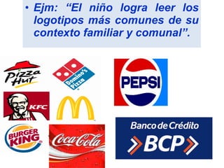Ejm: “El niño logra leer los logotipos más comunes de su contexto familiar y comunal”. 