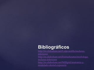 Bibliográficos
http://es.slideshare.net/Luijecantillo/molares-
inferiores
http://es.slideshare.net/bismarknates/morfologa-
molares-inferiores
http://es.slideshare.net/Millipid/anatomia-y-
modelado-dental-exposicin
 