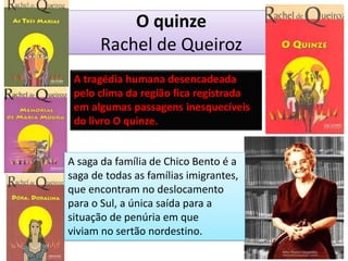 O quinze Rachel de Queiroz 
A tragédia humana desencadeada pelo clima da região fica registrada em algumas passagens inesquecíveis do livro O quinze. 
A saga da família de Chico Bento é a saga de todas as famílias imigrantes, que encontram no deslocamento para o Sul, a única saída para a situação de penúria em que 
viviam no sertão nordestino.  