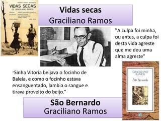 Vidas secas Graciliano Ramos 
São Bernardo Graciliano Ramos 
“Sinha Vitoria beijava o focinho de Baleia, e como o focinho estava ensanguentado, lambia o sangue e tirava proveito do beijo.” 
"A culpa foi minha, ou antes, a culpa foi desta vida agreste que me deu uma alma agreste"  