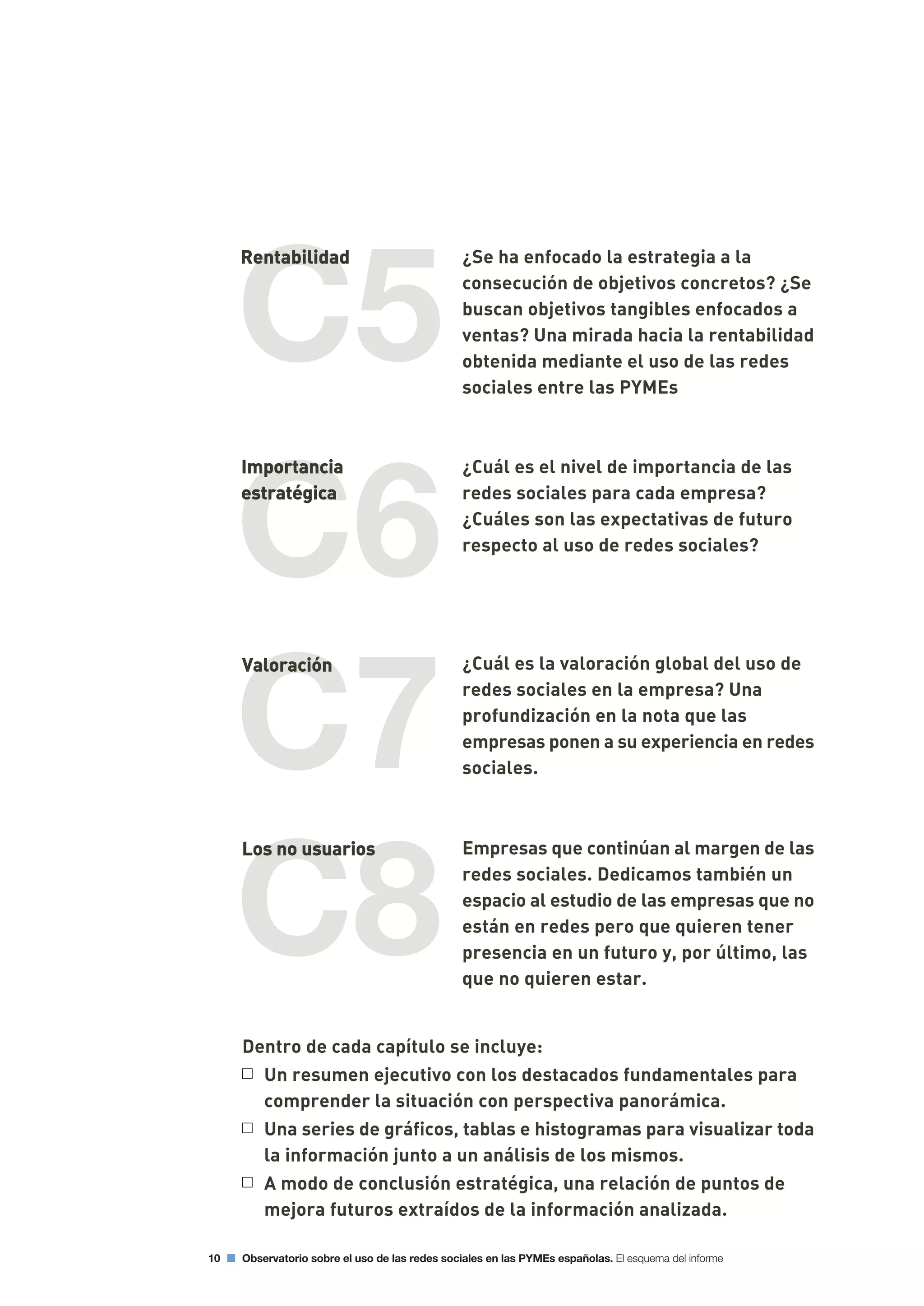 C8
C7
C5
C6
¿Se ha enfocado la estrategia a la
consecución de objetivos concretos? ¿Se
buscan objetivos tangibles enfocados a
ventas? Una mirada hacia la rentabilidad
obtenida mediante el uso de las redes
sociales entre las PYMEs
¿Cuál es el nivel de importancia de las
redes sociales para cada empresa?
¿Cuáles son las expectativas de futuro
respecto al uso de redes sociales?
¿Cuál es la valoración global del uso de
redes sociales en la empresa? Una
profundización en la nota que las
empresas ponen a su experiencia en redes
sociales.
10 Observatorio sobre el uso de las redes sociales en las PYMEs españolas. El esquema del informe
Dentro de cada capítulo se incluye:
Un resumen ejecutivo con los destacados fundamentales para
comprender la situación con perspectiva panorámica.
Una series de gráficos, tablas e histogramas para visualizar toda
la información junto a un análisis de los mismos.
A modo de conclusión estratégica, una relación de puntos de
mejora futuros extraídos de la información analizada.
Empresas que continúan al margen de las
redes sociales. Dedicamos también un
espacio al estudio de las empresas que no
están en redes pero que quieren tener
presencia en un futuro y, por último, las
que no quieren estar.
 