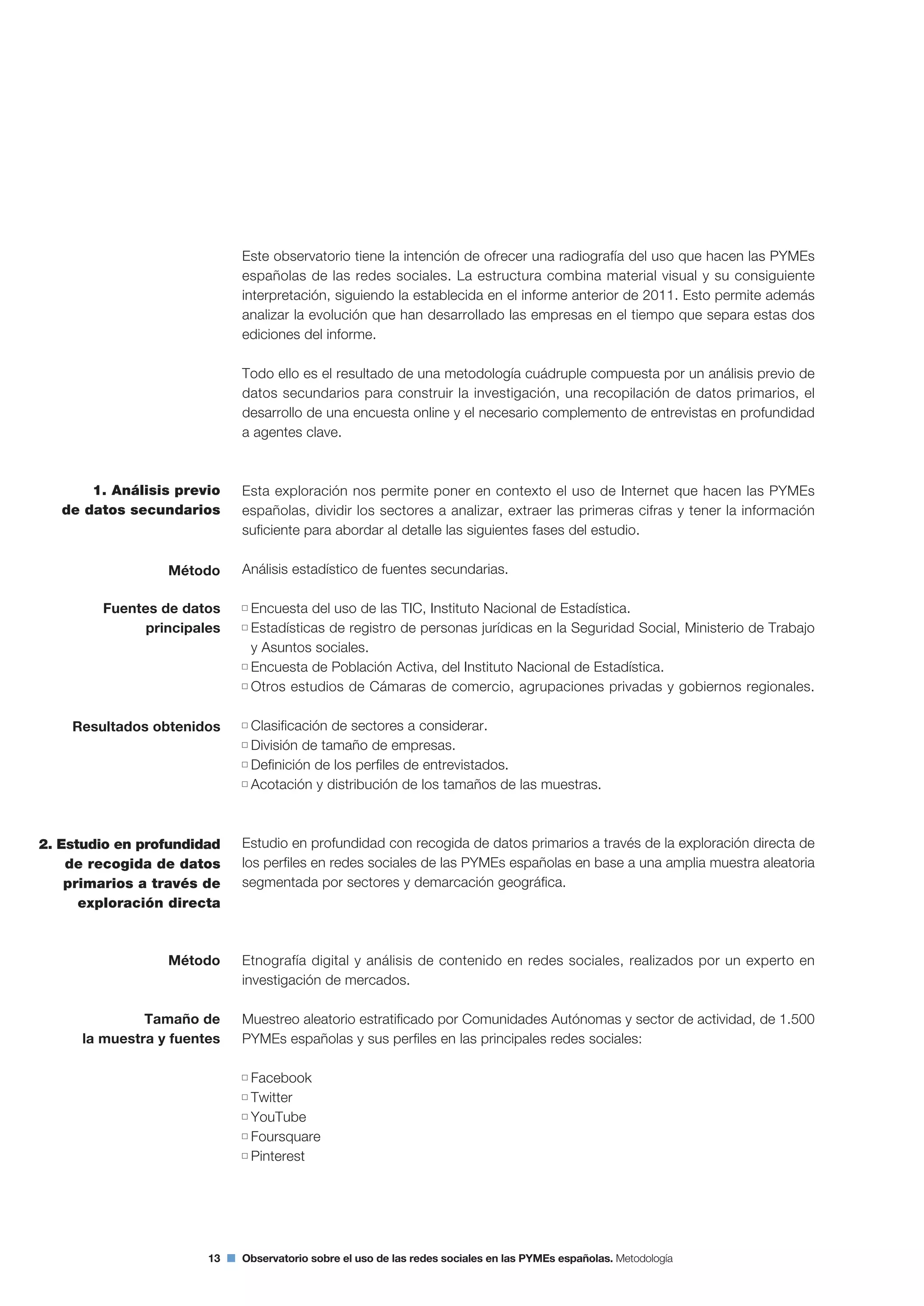 Este observatorio tiene la intención de ofrecer una radiografía del uso que hacen las PYMEs
españolas de las redes sociales. La estructura combina material visual y su consiguiente
interpretación, siguiendo la establecida en el informe anterior de 2011. Esto permite además
analizar la evolución que han desarrollado las empresas en el tiempo que separa estas dos
ediciones del informe.
Todo ello es el resultado de una metodología cuádruple compuesta por un análisis previo de
datos secundarios para construir la investigación, una recopilación de datos primarios, el
desarrollo de una encuesta online y el necesario complemento de entrevistas en profundidad
a agentes clave.
Esta exploración nos permite poner en contexto el uso de Internet que hacen las PYMEs
españolas, dividir los sectores a analizar, extraer las primeras cifras y tener la información
suficiente para abordar al detalle las siguientes fases del estudio.
Análisis estadístico de fuentes secundarias.
Encuesta del uso de las TIC, Instituto Nacional de Estadística.
Estadísticas de registro de personas jurídicas en la Seguridad Social, Ministerio de Trabajo
y Asuntos sociales.
Encuesta de Población Activa, del Instituto Nacional de Estadística.
Otros estudios de Cámaras de comercio, agrupaciones privadas y gobiernos regionales.
Clasificación de sectores a considerar.
División de tamaño de empresas.
Definición de los perfiles de entrevistados.
Acotación y distribución de los tamaños de las muestras.
Estudio en profundidad con recogida de datos primarios a través de la exploración directa de
los perfiles en redes sociales de las PYMEs españolas en base a una amplia muestra aleatoria
segmentada por sectores y demarcación geográfica.
Etnografía digital y análisis de contenido en redes sociales, realizados por un experto en
investigación de mercados.
Muestreo aleatorio estratificado por Comunidades Autónomas y sector de actividad, de 1.500
PYMEs españolas y sus perfiles en las principales redes sociales:
Facebook
Twitter
YouTube
Foursquare
Pinterest
13 Observatorio sobre el uso de las redes sociales en las PYMEs españolas. Metodología
1. Análisis previo
de datos secundarios
Método
Fuentes de datos
principales
Resultados obtenidos
2. Estudio en profundidad
de recogida de datos
primarios a través de
exploración directa
Método
Tamaño de
la muestra y fuentes
 