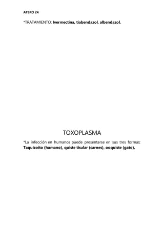 ATERO 24
*TRATAMIENTO: Ivermectina, tiabendazol, albendazol.
TOXOPLASMA
*La infección en humanos puede presentarse en sus tres formas:
Taquizoíto (humano), quiste tisular (carnes), ooquiste (gato).
 